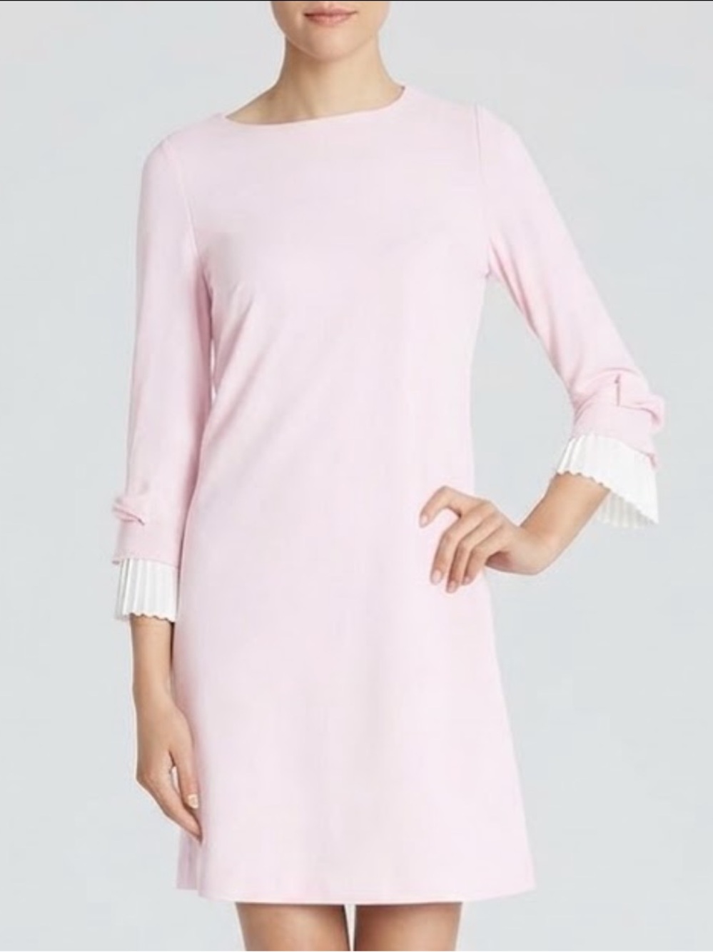 SHARAGANO 3/4 Sleeve Baby Pink Mini Dress with White Ruffle Sleeve Edge size S